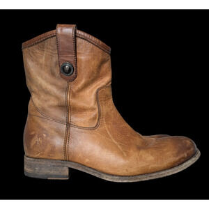 Frye Melissa Button Short Boots Sz 6 Cognac Brown Leather Distressed Rustic Low
